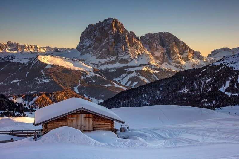 alps, mountains, winter, sunrise, sunset, landscape, dolomites, italy, A cottage in the mountains.. фото превью
