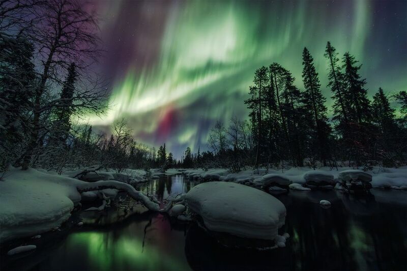 кольский, зима, сияние, река Северное сияние на Кольском фото превью