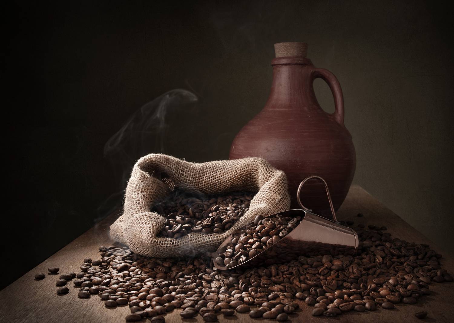 still life, coffee, grains, light, smoke, shadow, Maria Margareth Perfoncio