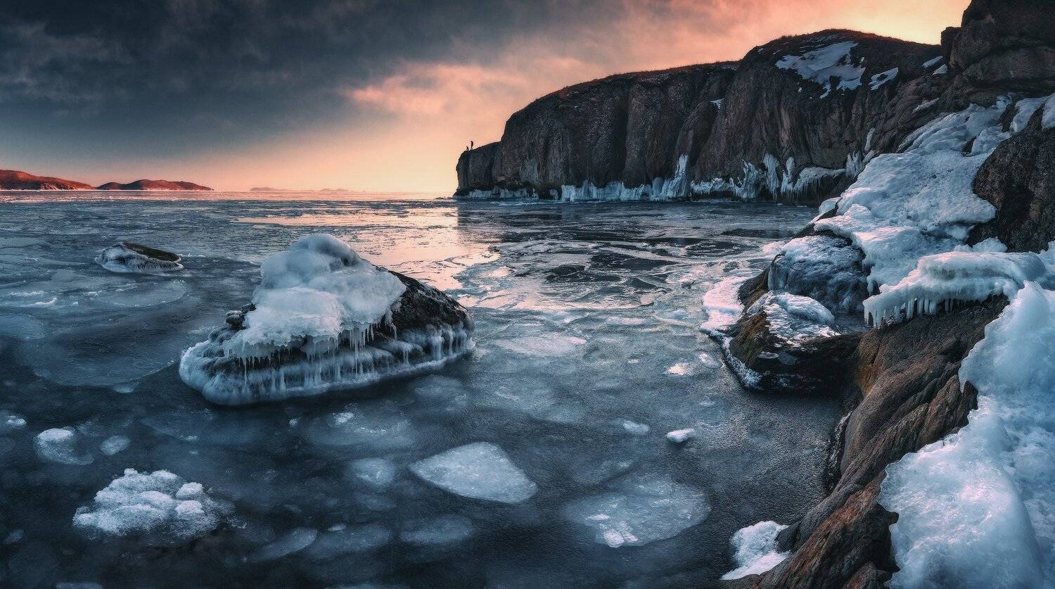 Вечер, Зима, Камни, Лёд, Море, Скалы, Андрей Кровлин