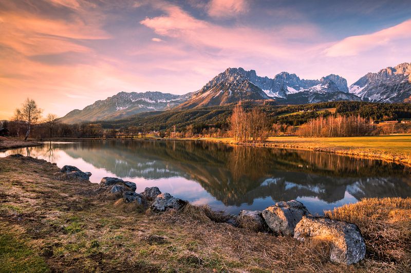 alps, mountains, winter, see, sunrise, sunset, landscape, lake  фото превью