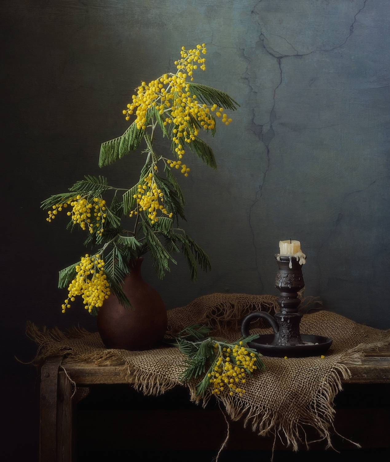 натюрморт,мимоза,весна,подсвечник,цветы, Наталия К
