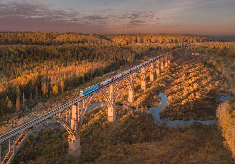 поезд, ржд, виадук, осень, пейзаж, рассвет, электровоз Photo #122 фото превью