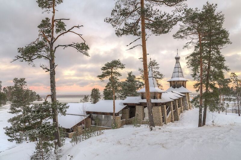 зима, остров, часовня, вечер  фото превью