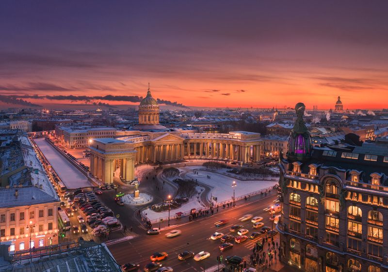 Вечерний Петербург. Вид на Дом Зингера и Казанский собор. фото превью