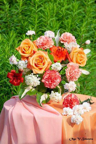 Розы и гвоздики в саду