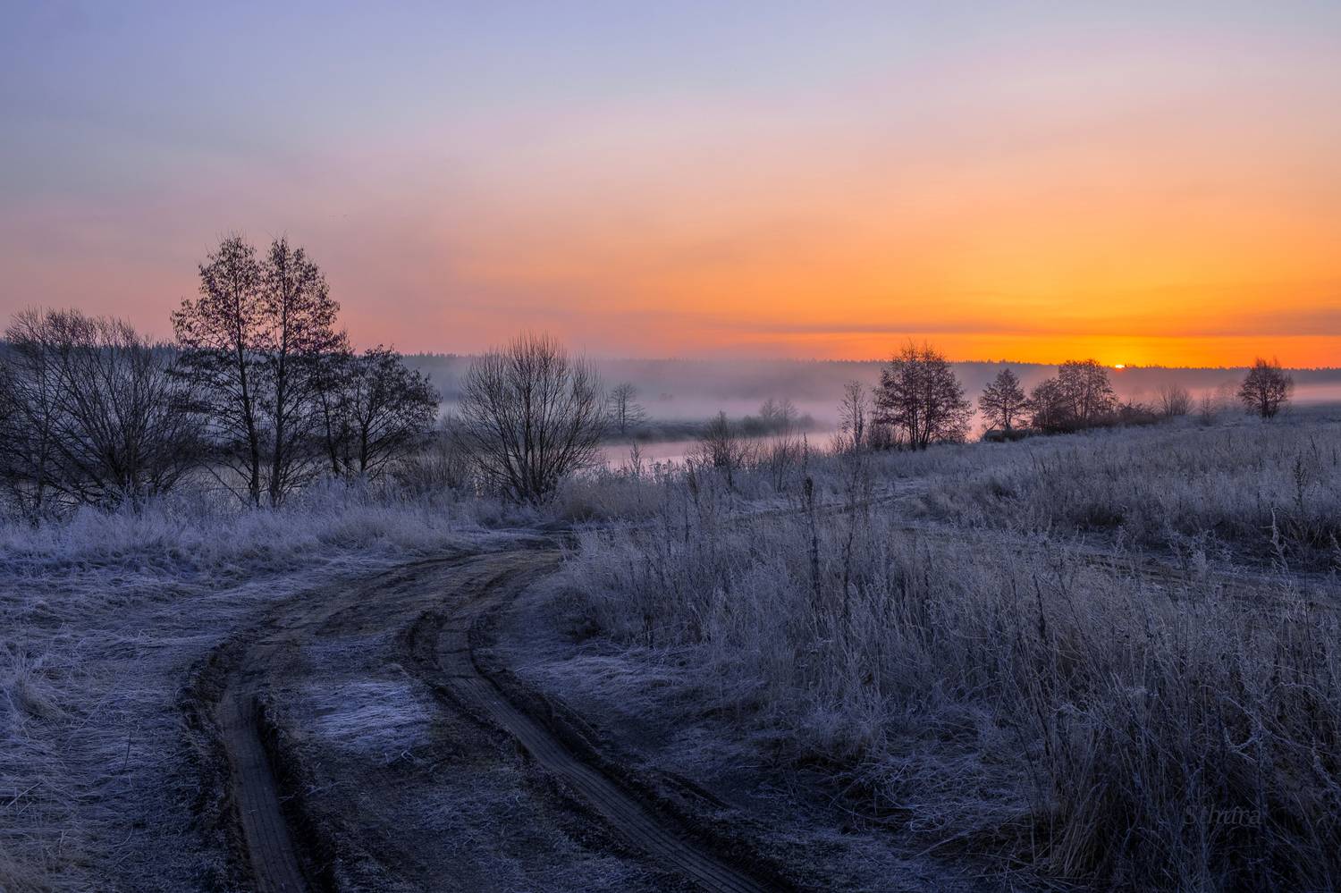 весна дорога туман озеро рассвет, Александр Строков
