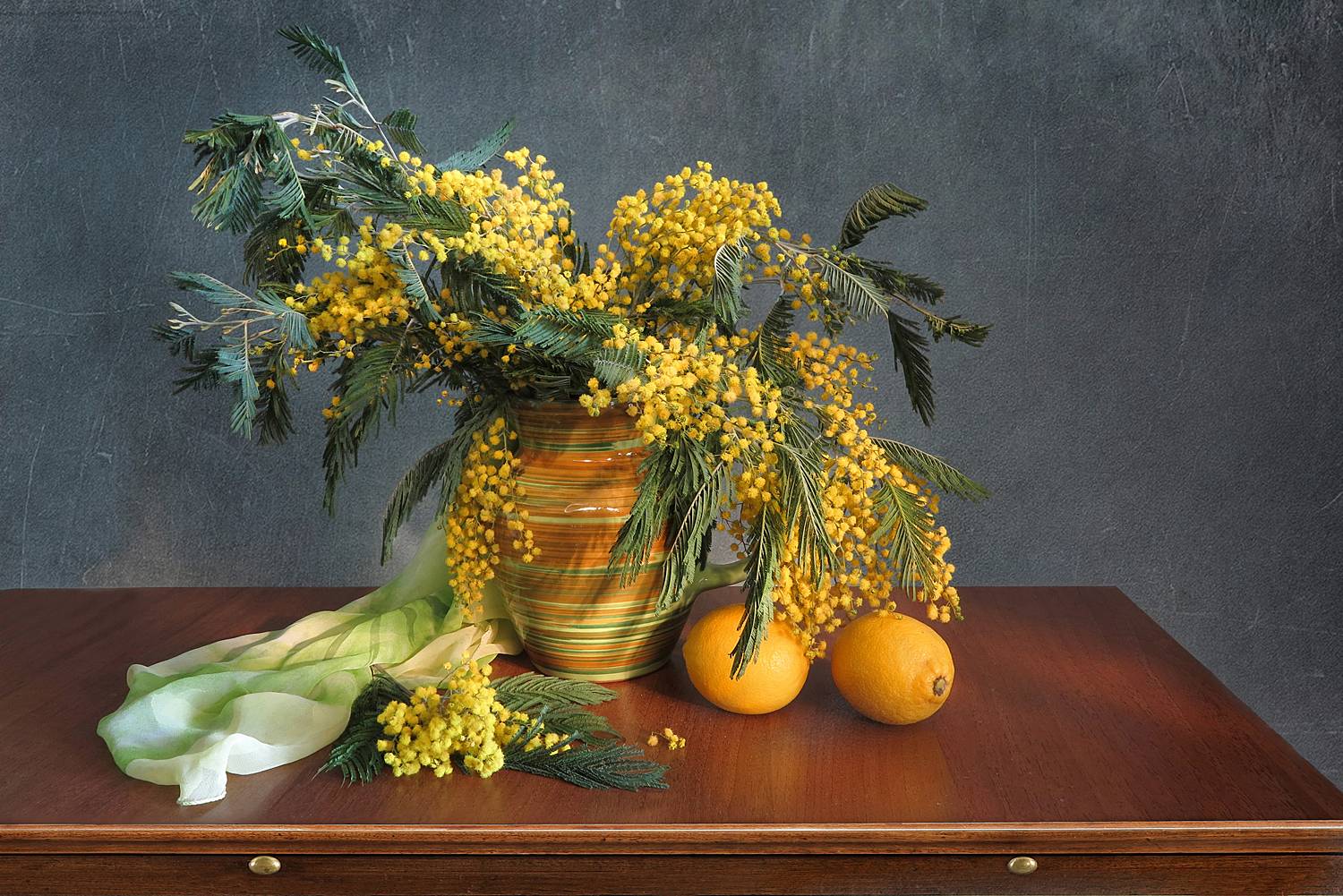 натюрморт,мимоза,лимоны,весна,кувшин,шарф, Алла Шевченко