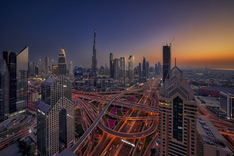 sunset, architecture, cityscape, building, skyline, Dubai, emirates, street, sky, colors Sunset in Dubai фото превью
