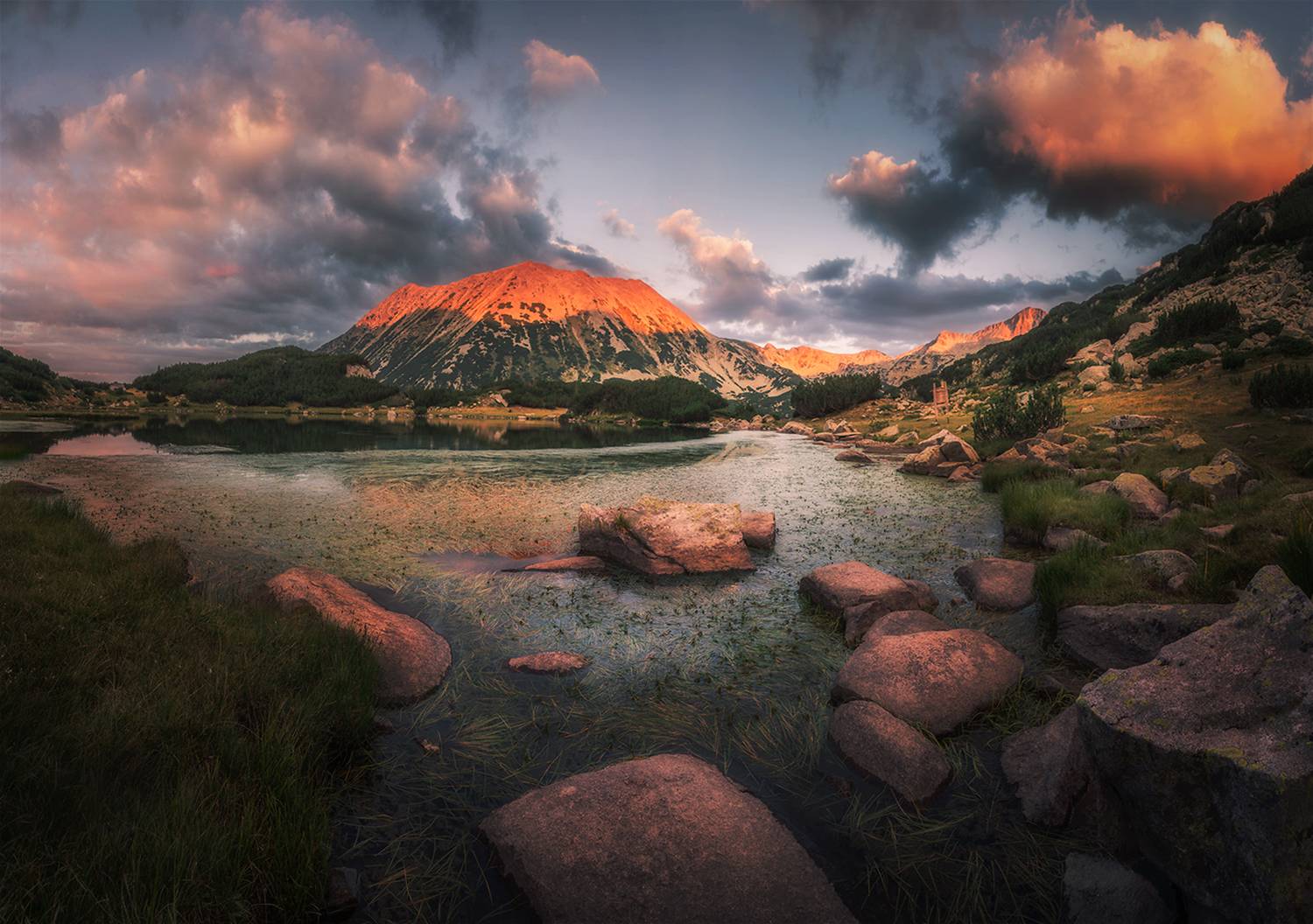 landscape, nature, scenery, summer, sunset, lake, reflection, clouds, mountain, peak, пейзаж, закат, горы, озеро, Александър Александров