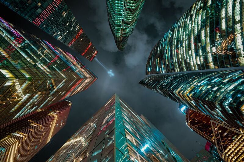 россия, москва, москва сити, ночь, небоскрёбы, башни Перспектива фото превью