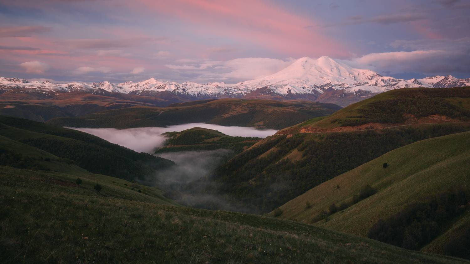 mountain, nature, outdoors, landscape, grass, meadow, snow, cloud, sky, summer, green, sunset, blue, pink, red,caucasus, elbrus, природа, пейзаж, кавказ, эльбрус, небо, закат, горы, Андрей