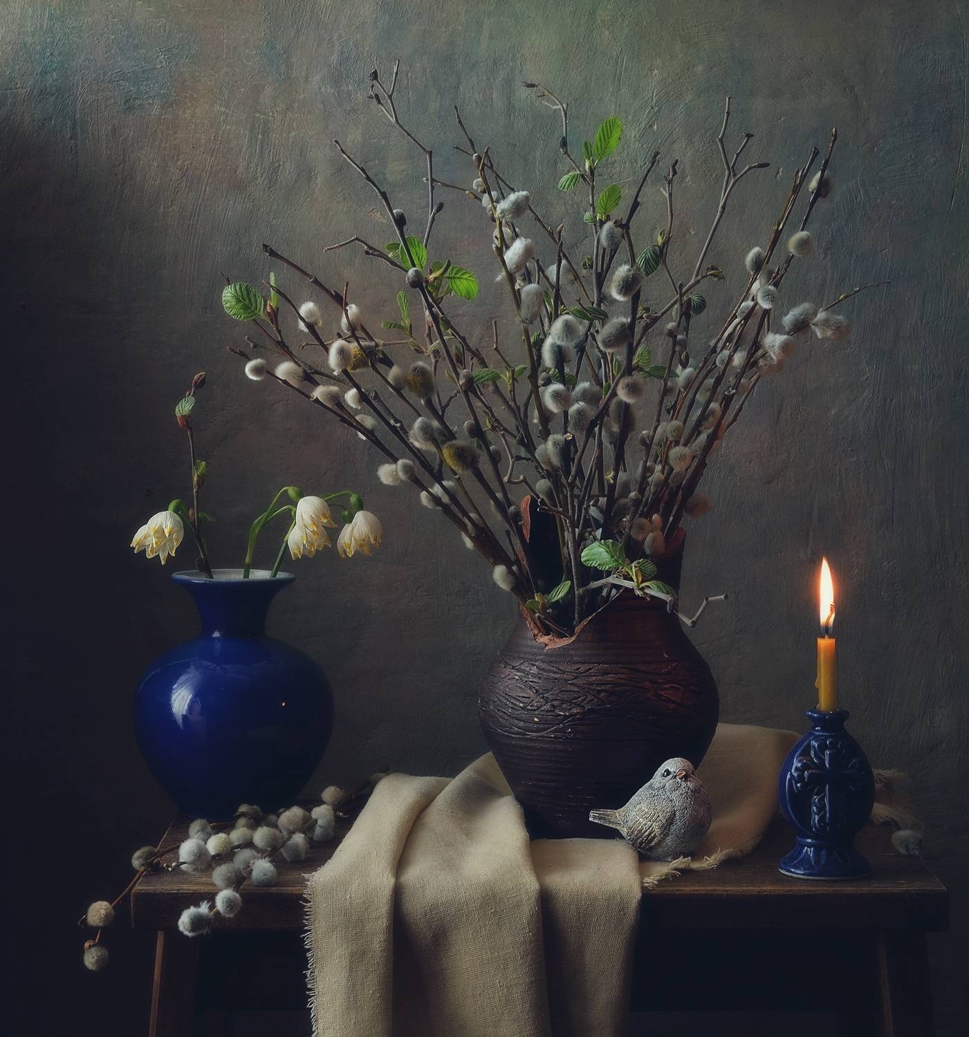 натюрморт,весна,верба,ива,свеча,цветы,первоцветы,ваза,птичка, Наталия К