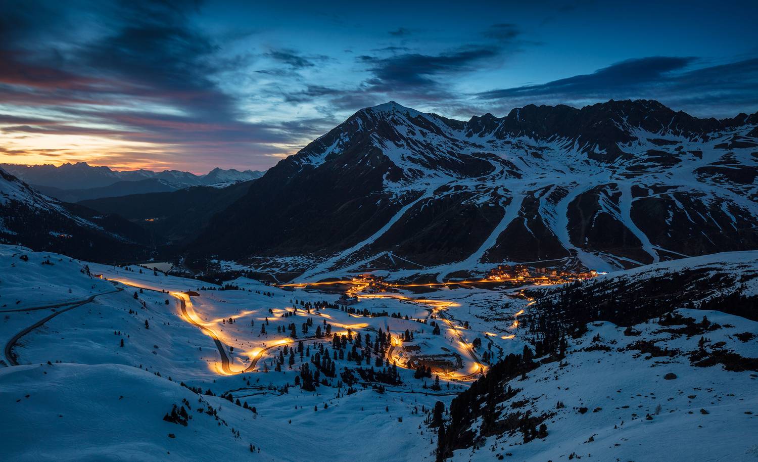alps, mountains, austria, winter,  optical fiber, night lights,  Gregor