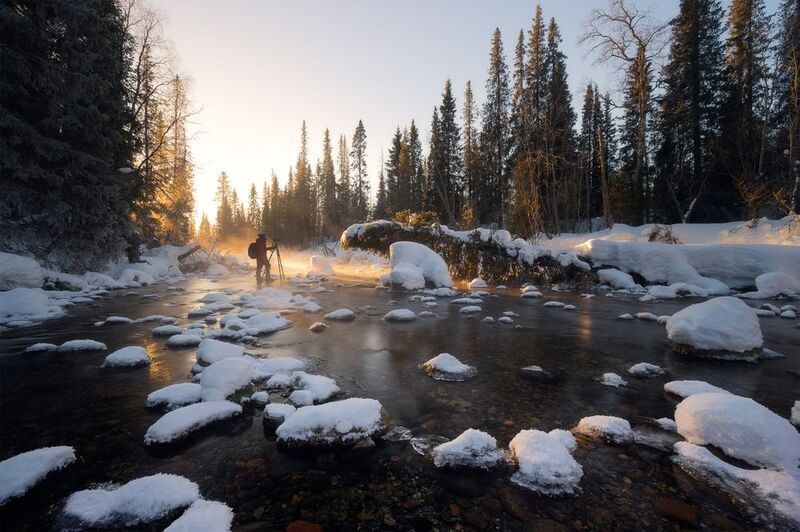 кольский, река, рассвет, зима, хибины, кировск, кошва, вуоннемйок, мурманская область, кольский полуостров Незамерзающие реки Кольского фото превью