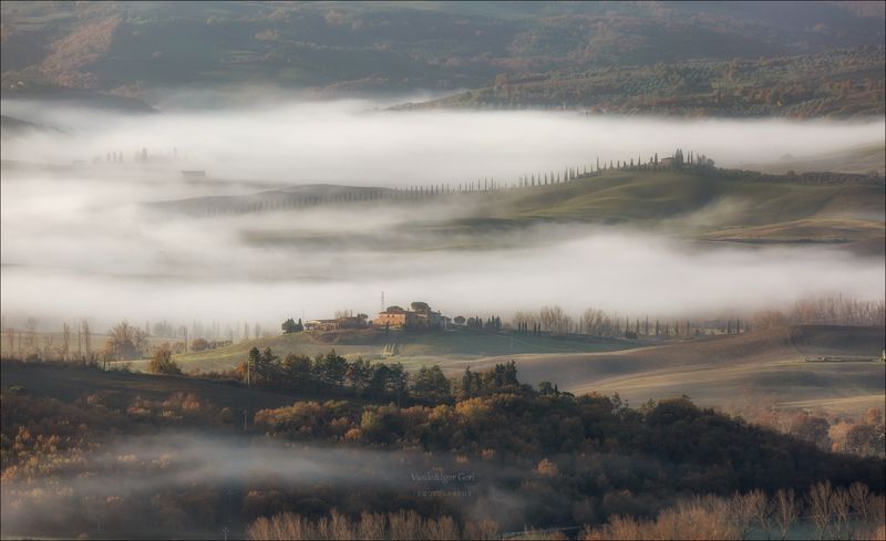 italy,san quirico d \' orcia,italia,туман,италия,тоскана,pienza,кипарис,toscana,осень,tuscany,cipressi,belvedere,пьенца Слоёный туман фото превью