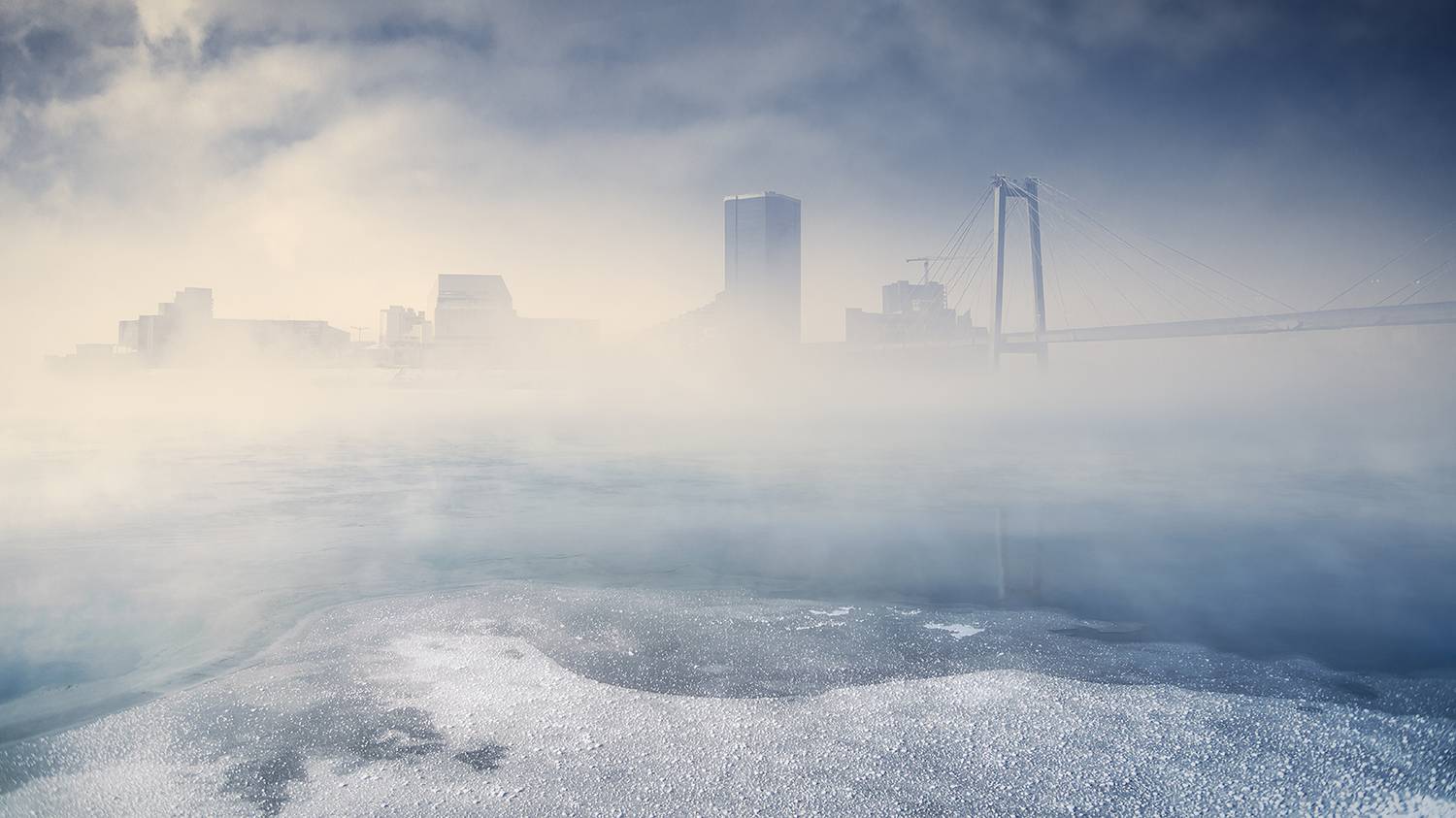 пейзаж, природа, зима, холод, мороз, протока, лед, туман, енисей, красноярск, мост, Антипов Дмитрий