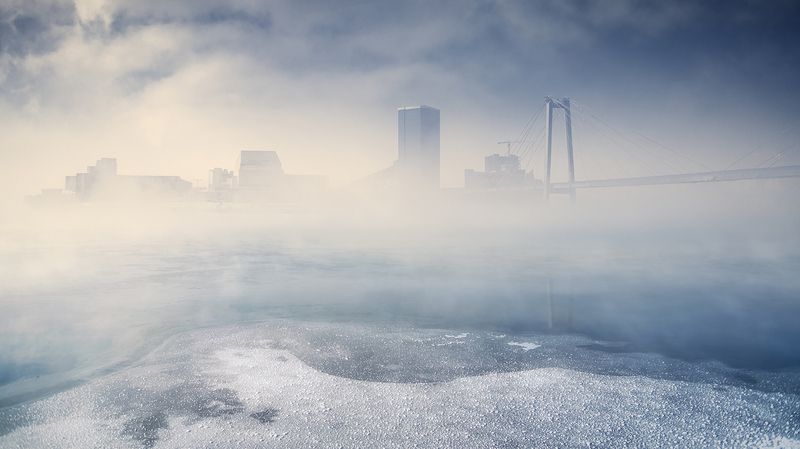 пейзаж, природа, зима, холод, мороз, протока, лед, туман, енисей, красноярск, мост Стрелка фото превью