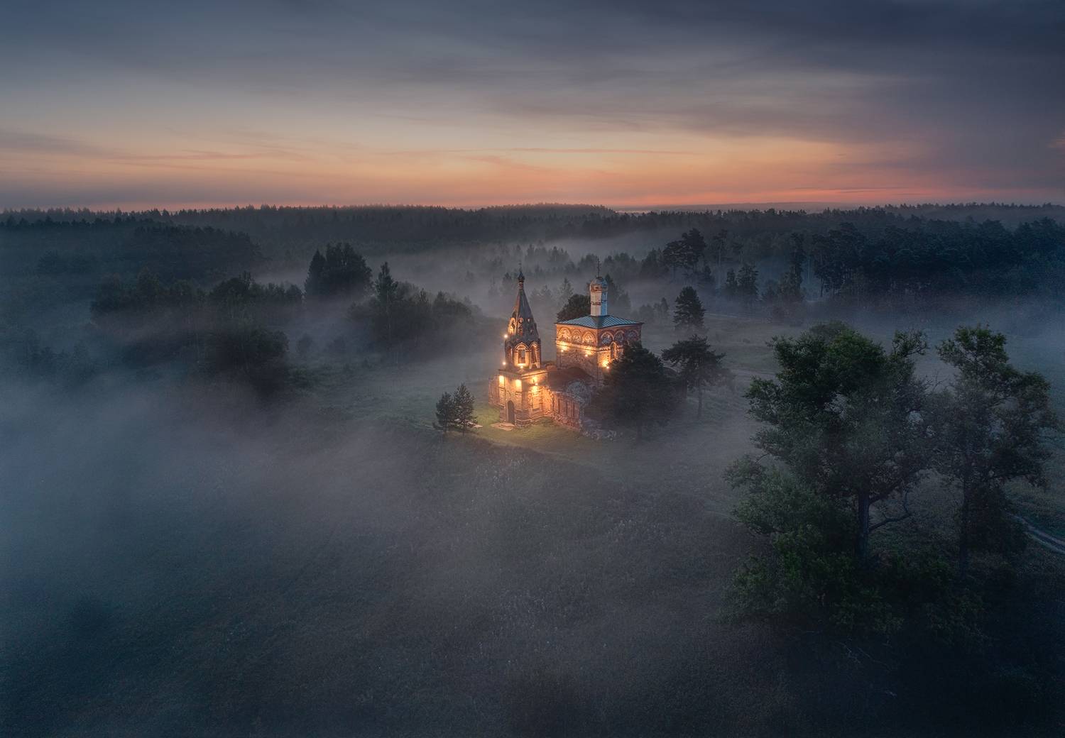 туман, ночь, церковь, Natalia Zakharova