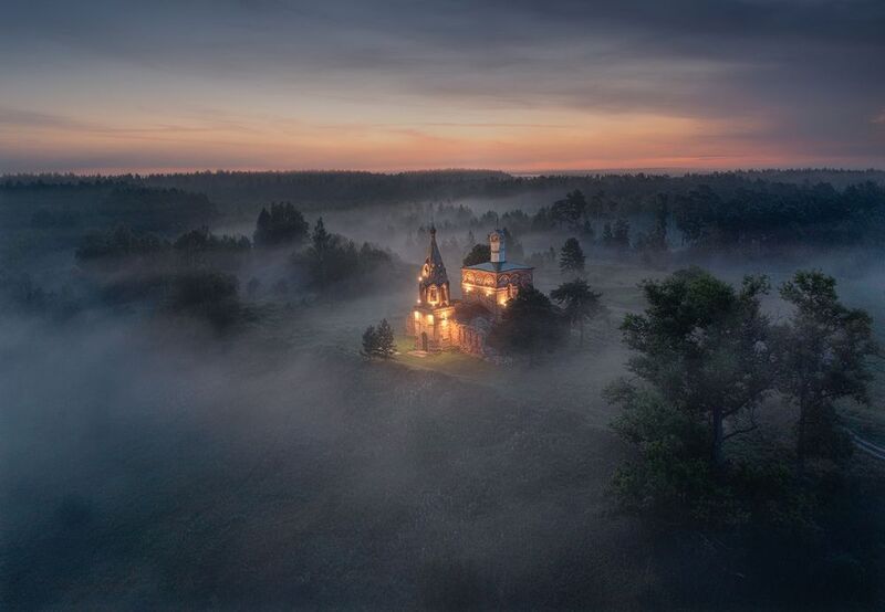 туман, ночь, церковь Ночное фото превью