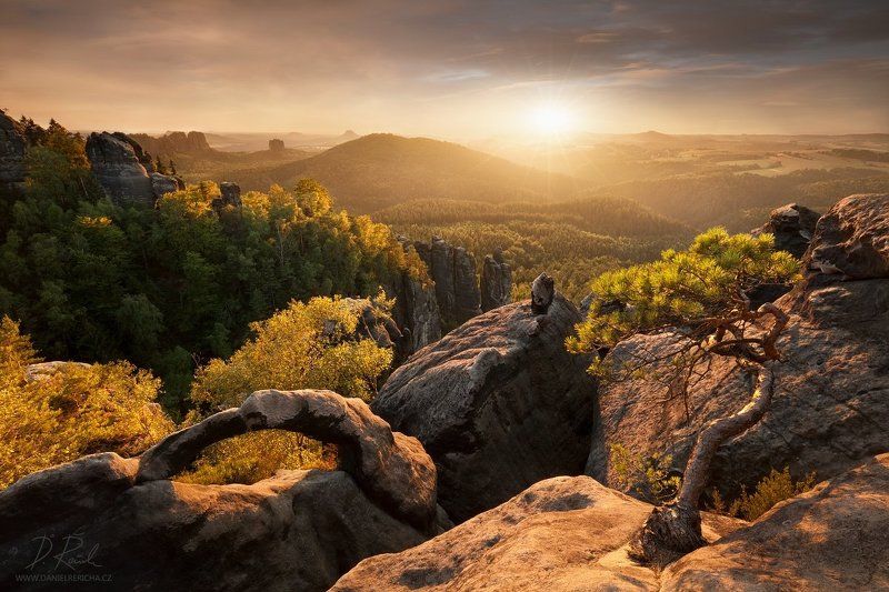 Affensteine, evening, colors, Germany, Falkenstein, Saxon Switzerland, Schrammsteine, Sächsische schweiz, danielrericha, Czech-saxon Switzerland, Elbe Sandstone, saxon arch,  trees, sky, landscape, forest, sunset, mountains, sun, clouds, rocks, summer, ev Evening on Affensteine фото превью