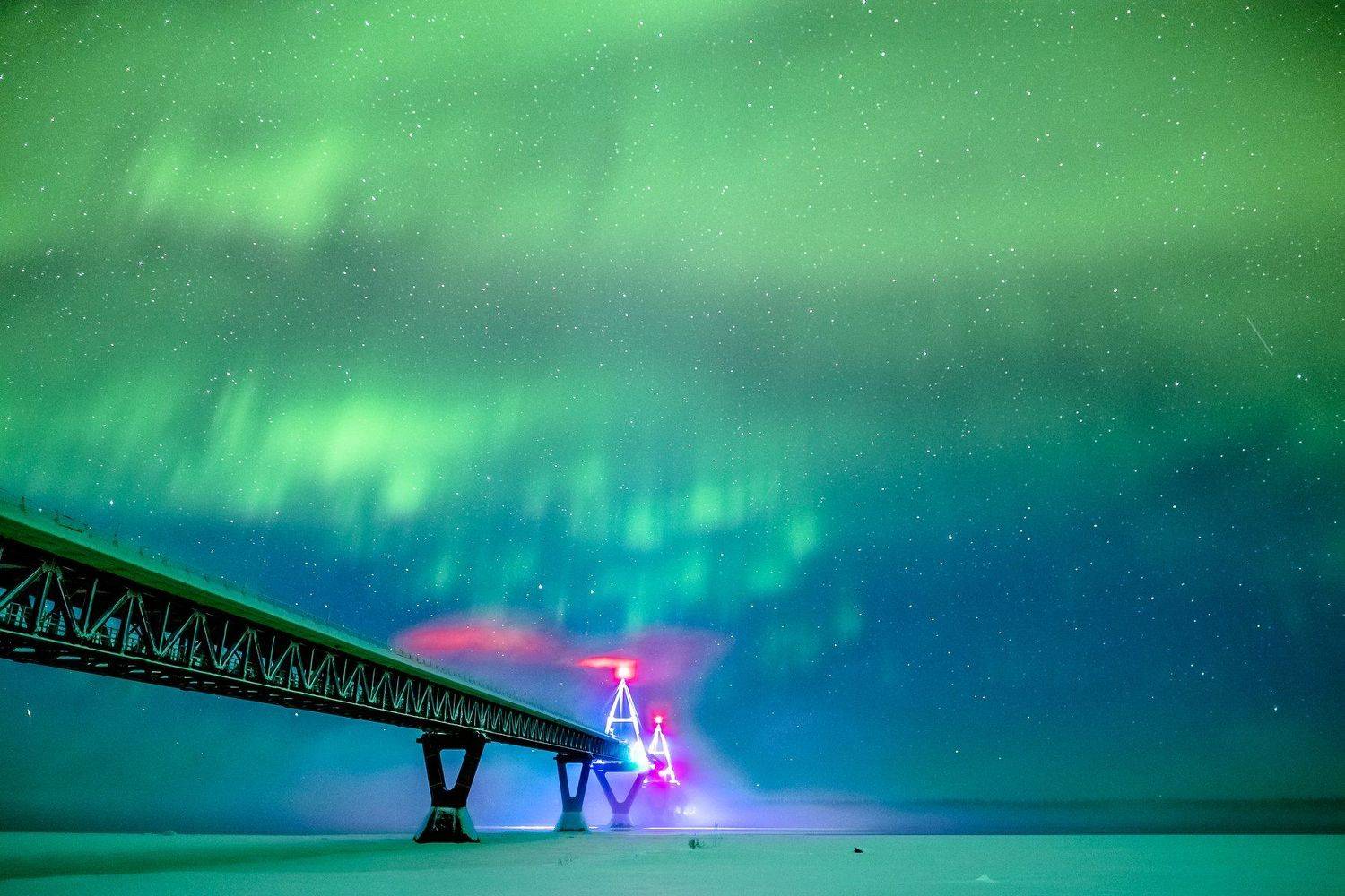 Северное сияние, аврора, ночь, зелень, мост, север, река, огни, туман, fuji X-T1, Денис Семенов