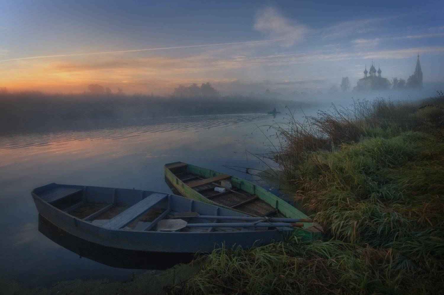 Дунилово, Лодки, Пейзаж, Рассвет, Река, Россия, Туман, Утро, Храм, Жмак Евгений
