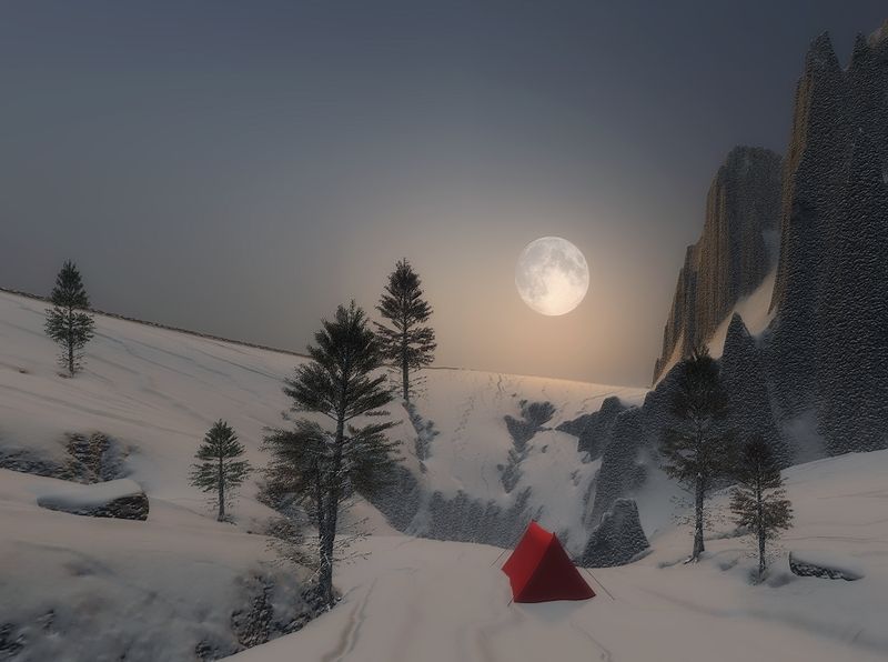 пейзаж, природа, зима, горы, палатка, снег, небо, луна Красная палатка фото превью