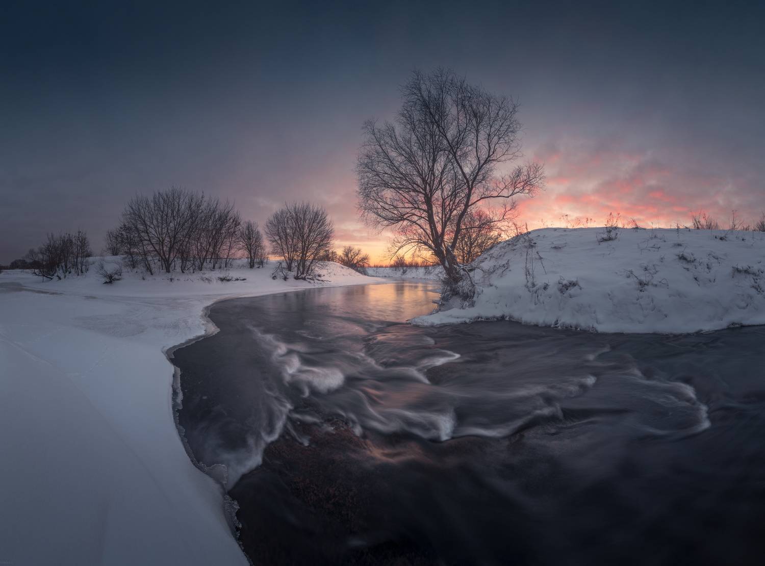 река, перекат, закат, Дубровинский Михаил