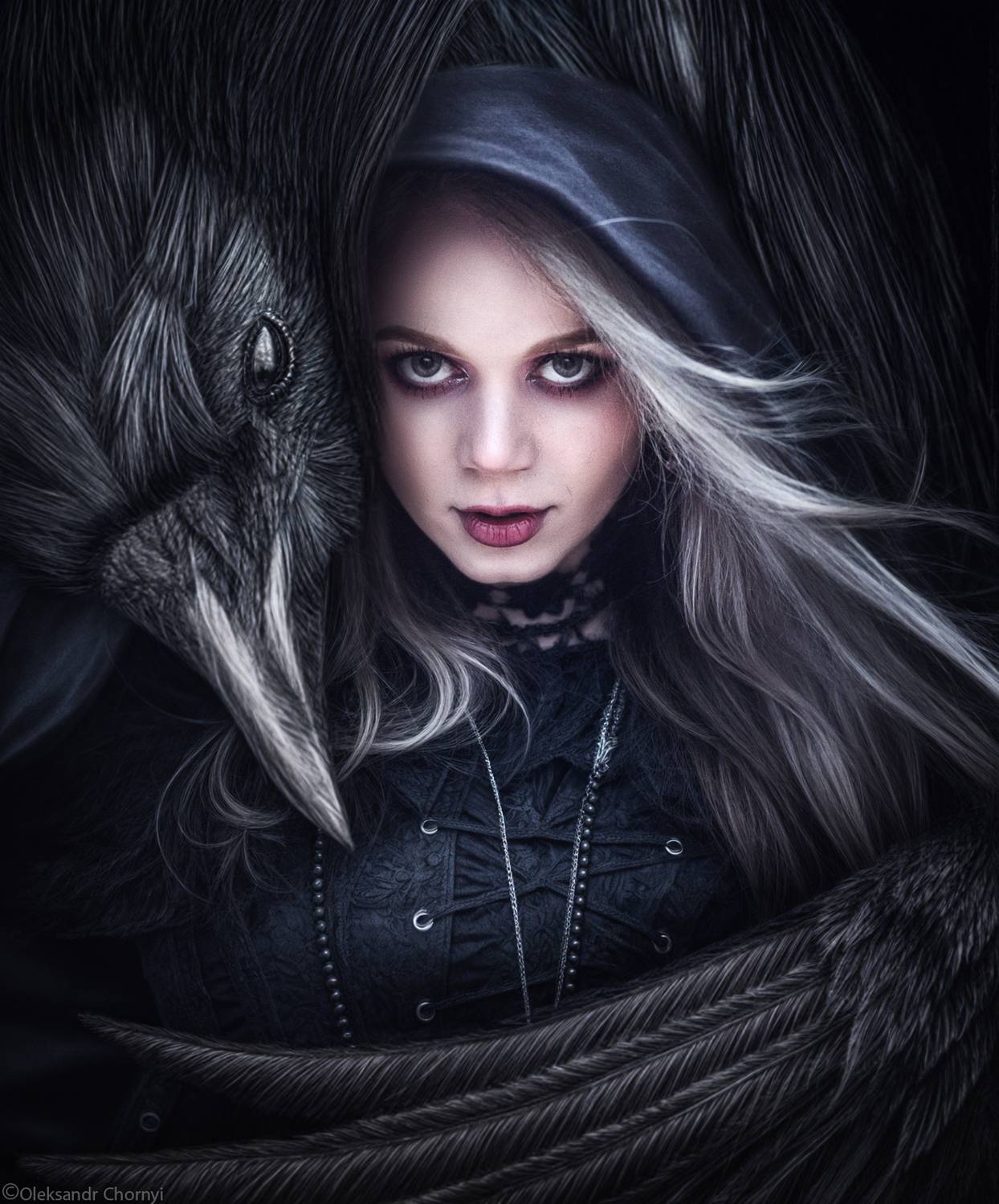 фотоарт, девушка, ворон, тень, мистика, объятия, тайна, взгляд, атмосферный, рисунок, карандаш, фотошоп, фотографчорный, сашачорный, коростышев,, Чорный Александр