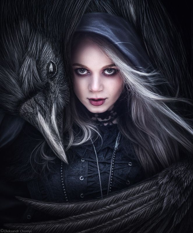 фотоарт, девушка, ворон, тень, мистика, объятия, тайна, взгляд, атмосферный, рисунок, карандаш, фотошоп, фотографчорный, сашачорный, коростышев, \