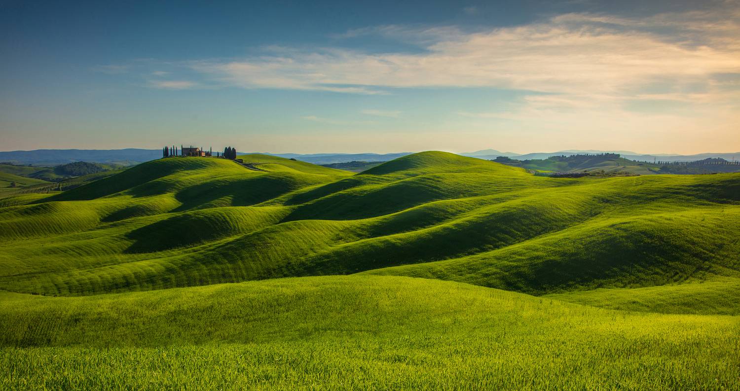 tuscany, landscape, italy, villa, pienza, house on the hill, spring, cypresses, sunrise,  Gregor