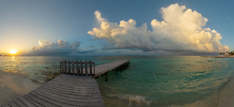 Cancun, Mexico, ocean, clouds, sea, sunset, Cancun Pier фото превью