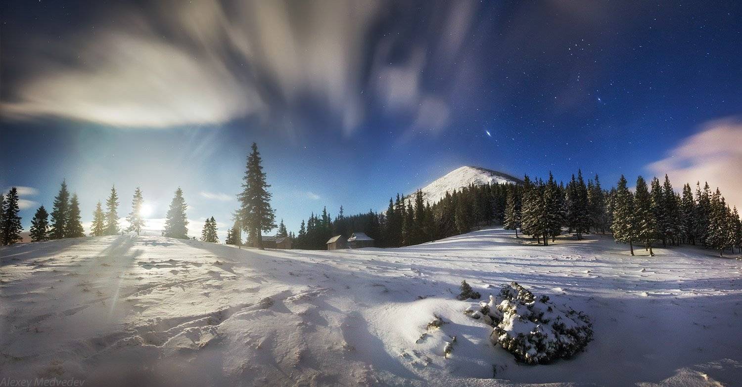 карпаты, украина, горы, зима, горганы, ночь, луна, восход, снег, звезды, Алексей Медведев