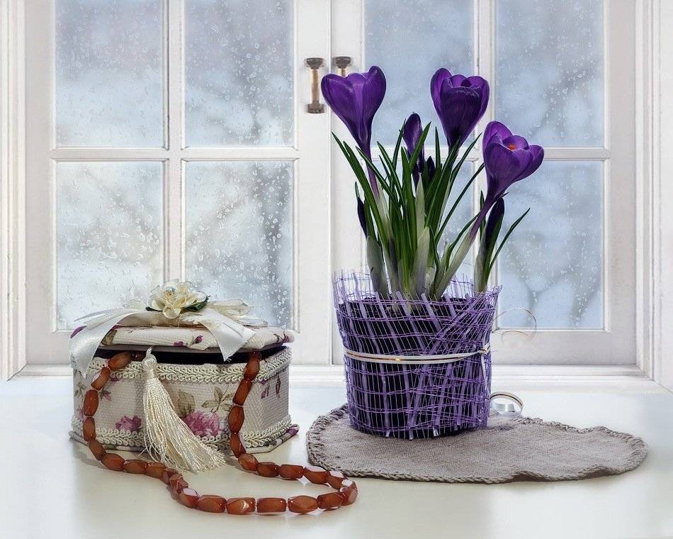 натюрморт, крокусы, окно, бусы, шкатулка, Ирина Приходько
