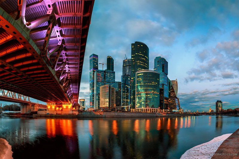 Вечер, Закат, Москва, Москва-сити, Мост, Подсветка, Река  фото превью