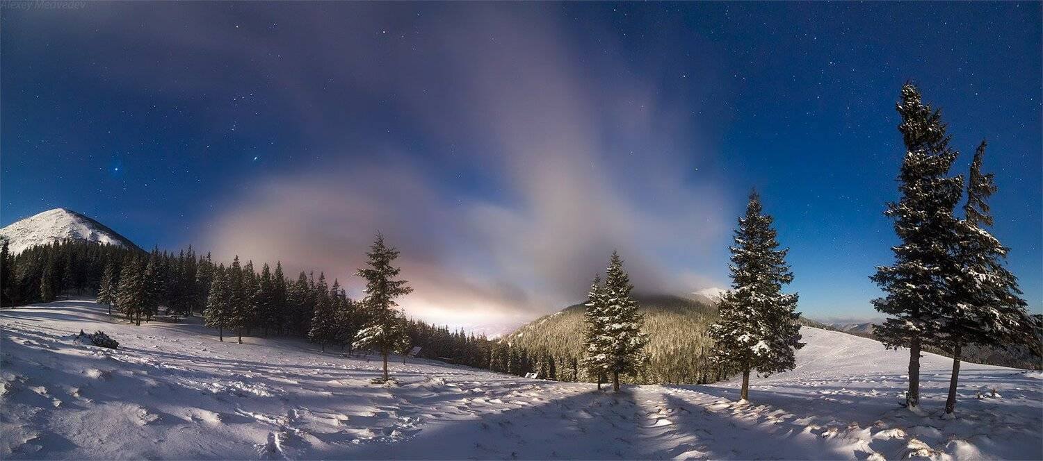карпаты, украина, горы, зима, горганы, ночь, луна, восход, снег, звезды, Алексей Медведев