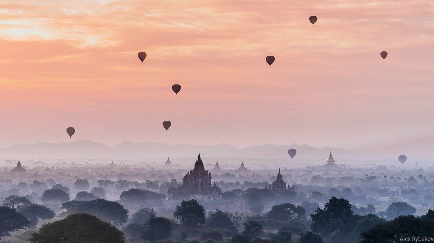 рассвет, пейзаж, Баган, Мьянма, шары, воздушные шары, храм, Александр Рыбаков