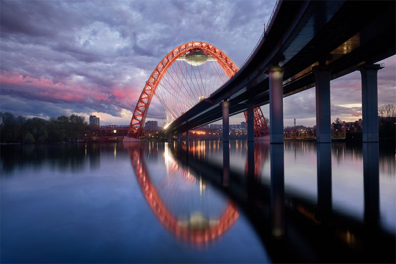 Город, архитектура, река, мост, вечер, небо Живописный мост фото превью