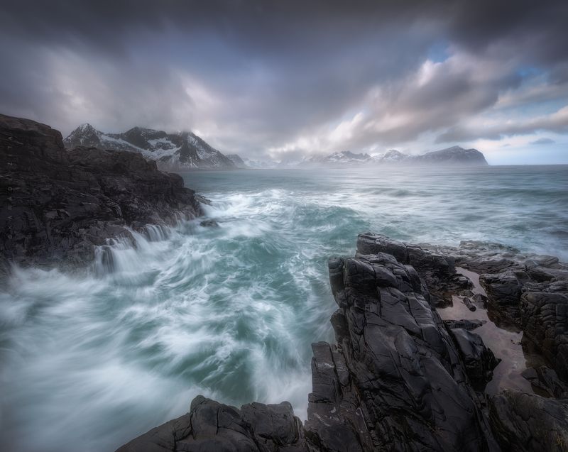 lofoten, longexpo, rocks, sea, seascape, houses, mountains, waves, norway, arctic, north, snow, rock, cliffs, Land of Waves фото превью
