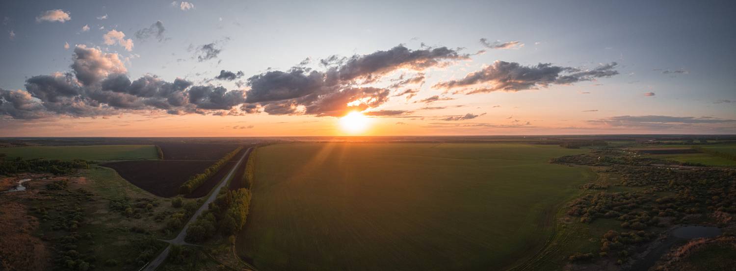 поля, закат, облака, дорога, Denis Koshkin