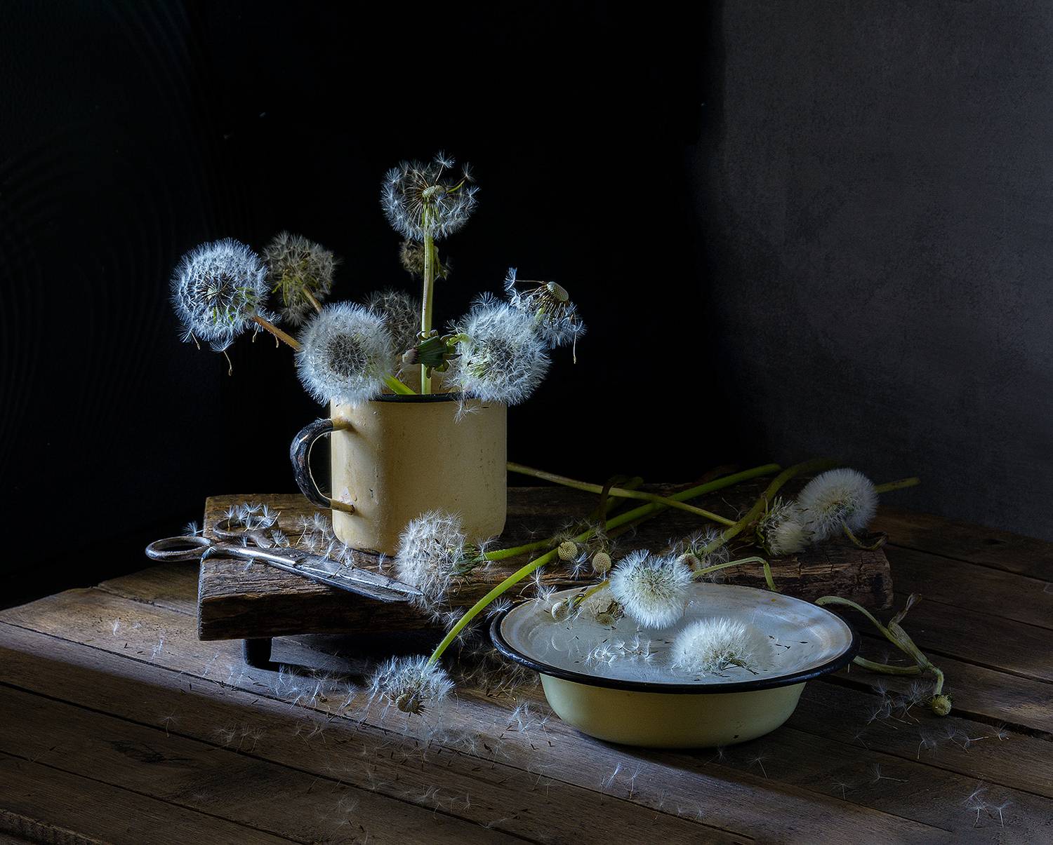 одуванчики, тарелка, кружка, ножницы, вода, Алексей Бычков