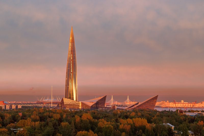 лахта центр, закат, лахта Лахта центр на закате фото превью