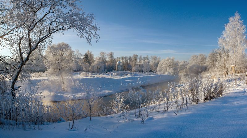 мороз, иней, река истра, зима Крещенские морозы фото превью