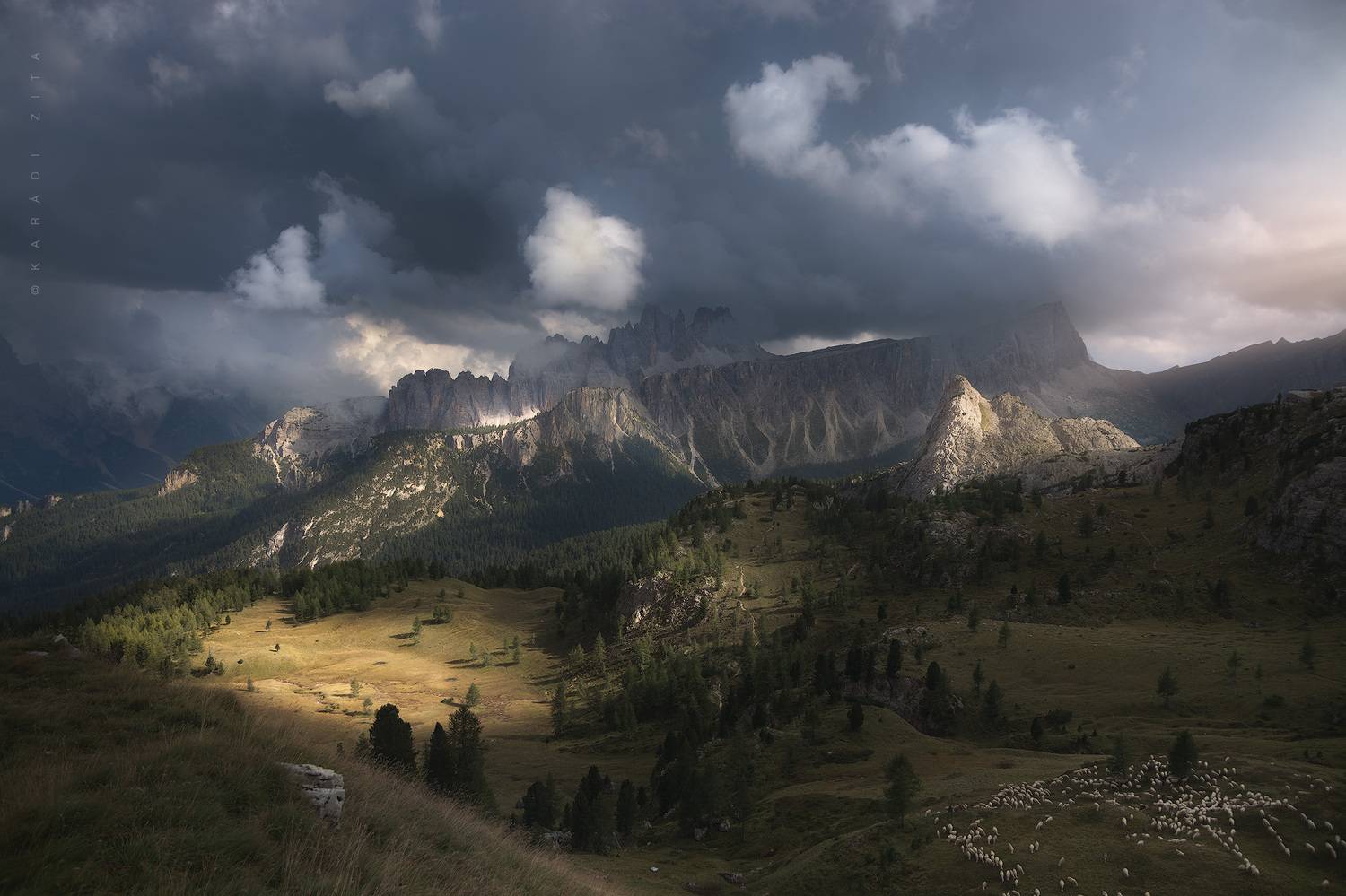 dolomiti, dolomites, sunrise, landscape, sky, sun, mountains, clouds, trees, italy, calm, morning, Kar&aacute;di Zita