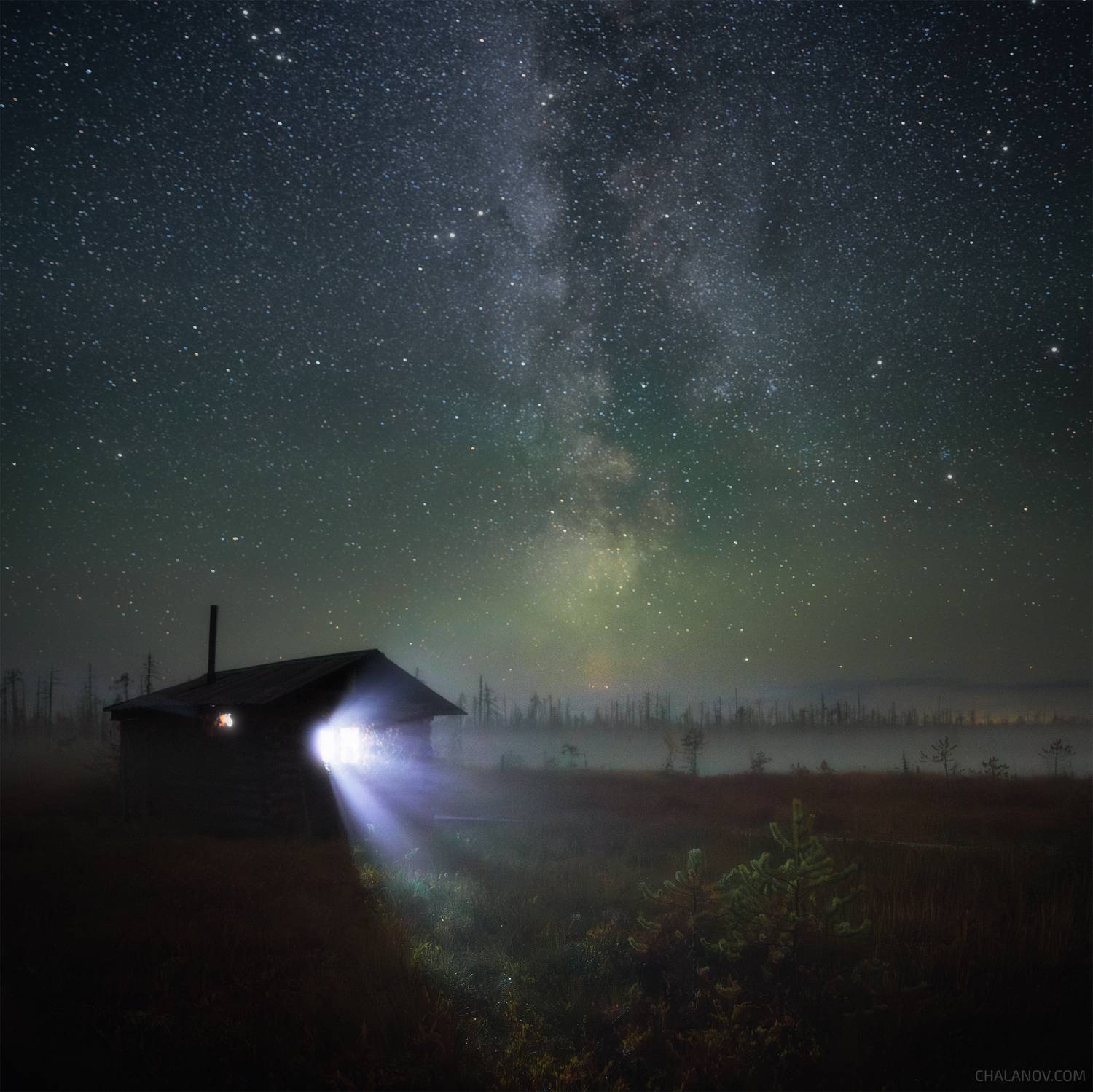пейзаж, туман, звезды, млечный путь, озеро, болото, север, Иван Чаланов