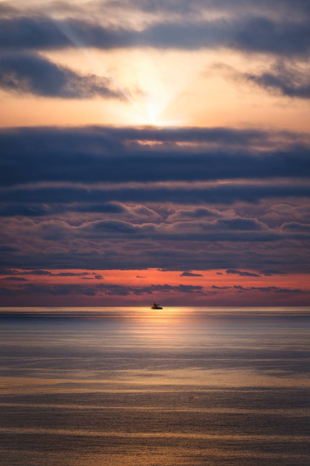 sunset, sea, sunset, sunrise, ocean, seascape, ship, vessel, sky, cloud, rays, sun, layer, colours, calm, Andrey Shpek