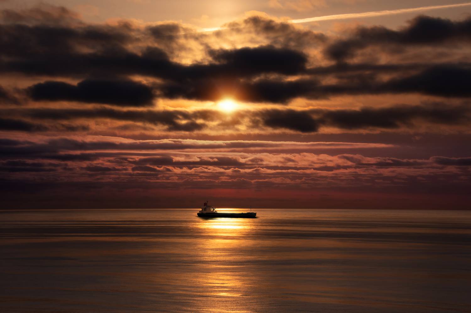 sunset, sea, sunset, sunrise, ocean, seascape, ship, vessel, sky, cloud, rays, sun, layer, colours, calm, Andrey Shpek