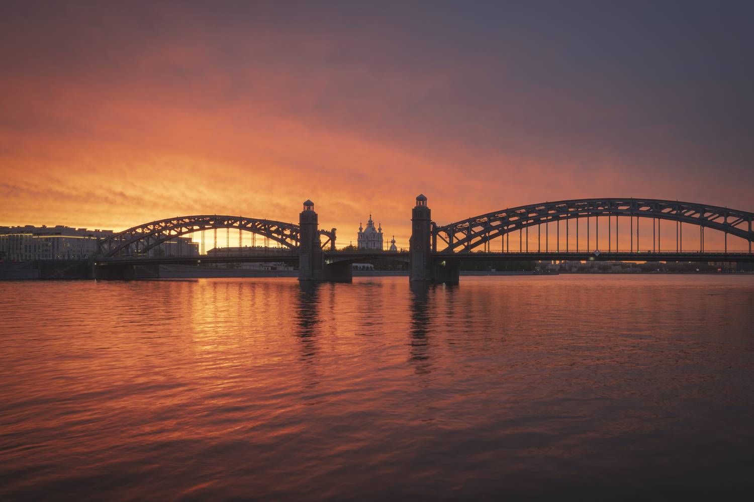 закат , санкт-петербург , питер , нева , смольный собор , большеохтинский мост , мост петра великого, Черкасов Александр
