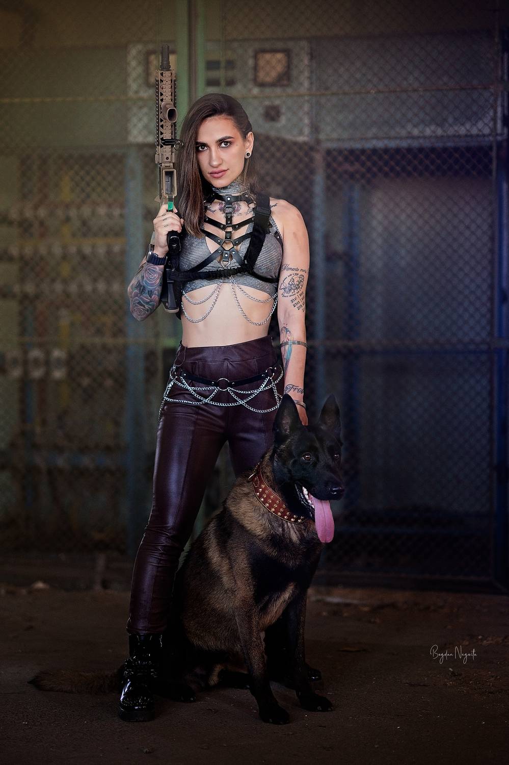 strong woman, conceptual photography, themed photoshoot, post-apocalyptic, alternative style, tattoos, guard dog, attitude, urban fashion, visual story, guardian, wasteland, photographic art, artistic portrait, industrial setting, chains, visual storytell, Bogdan Negoita
